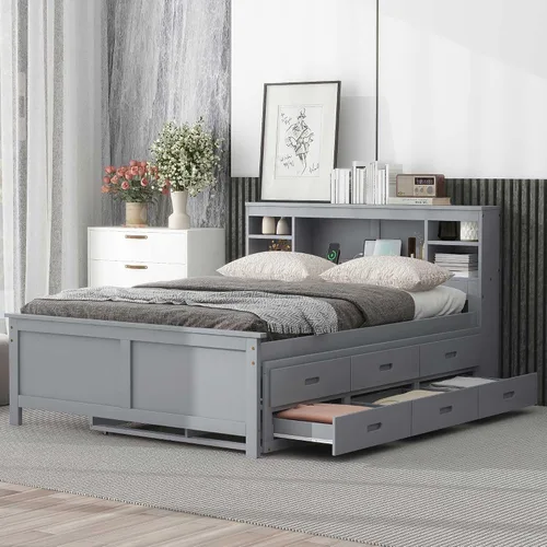 Vista 13 de Harper & Bright Designs Marco de cama individual de capitán con nido y cajones, plataforma individual de madera maciza para niños, adolescentes Gris