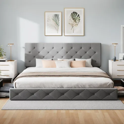 Vista 81 de WEEWAY Base de cama de plataforma tamaño King con 4 cajones de almacenamiento, cabecera capitonada con botones de costura de diamante, base de Negro