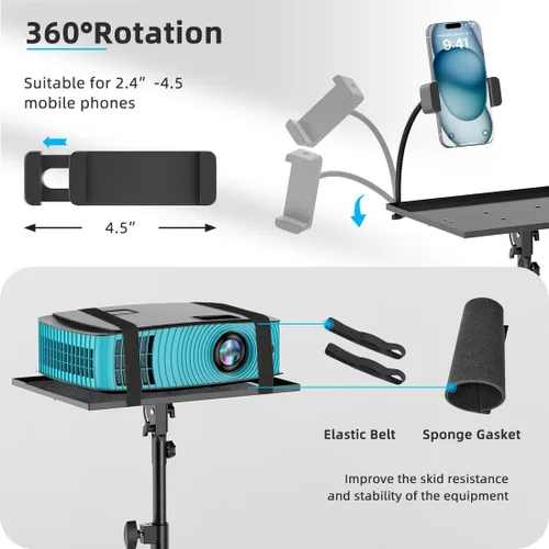 Vista 4 de Soporte para proyector con ruedas, trípode para laptop de 29 a 69 pulgadas con bandeja para mouse, soportes de DJ de altura ajustable con soporte