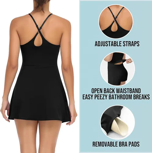 Vista 4 de Vestido de tenis de entrenamiento para mujer con pantalones cortos de brasier incorporados, correas ajustables para los hombros y bolsillos