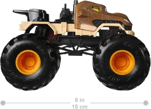 Vista 4 de Hot Wheels Monster Trucks Vehículos a escala 1:24, camiones de juguete coleccionables de metal fundido a presión con ruedas gigantes y chasis