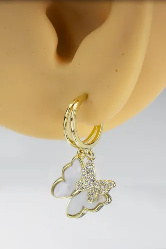 Vista 5 de Aros abiertos ligeros de color oro de 14 quilates para mujeres y niñas con doble capa mariposa cola de sirena cuatro hojas trébol estrella CZ