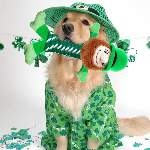 Vista 3 de Juguete para perros del día de San Patricio, juguetes de cuerda verde con chirriante, limpieza de dientes de perro de tira y afloja, regalos del día