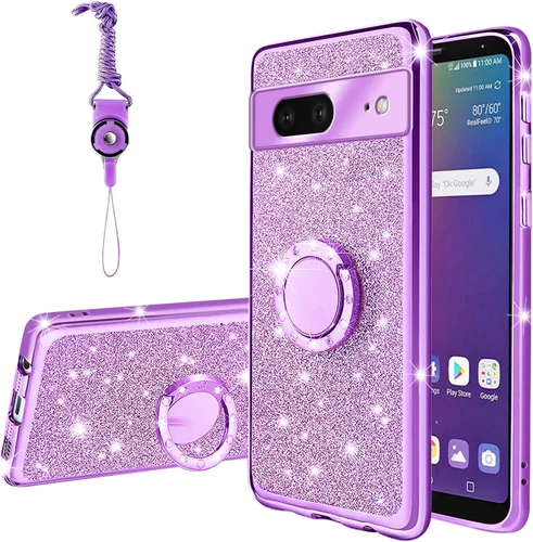 Vista 67 de Funda compatible con Google Pixel 6 Pro para mujer, con purpurina, suave, elegante, transparente, TPU de lujo, bonita funda protectora con correa