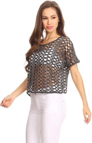 Vista 4 de Malla Sexy Sheer Fishnet See Through Short Sleeve Crop Top T-Shirt