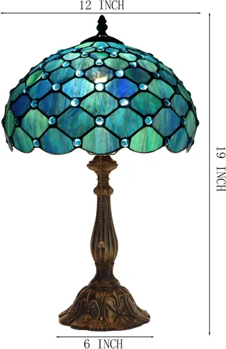 Vista 2 de Tiffany Lamp Stained Glass Table Lamp Bedside Reading Light W12H19 Inches (Sea Blue Pearl Style)