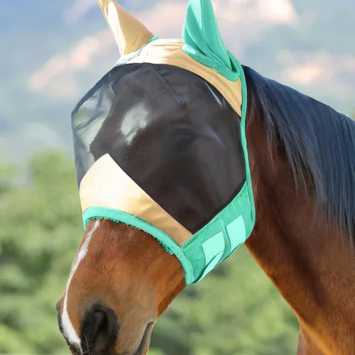 Vista 133 de Harrison Howard Máscara de mosca de caballo luminosa profesional estándar con orejas protección UV para caballo, azul y plateado, pequeño poni Azul