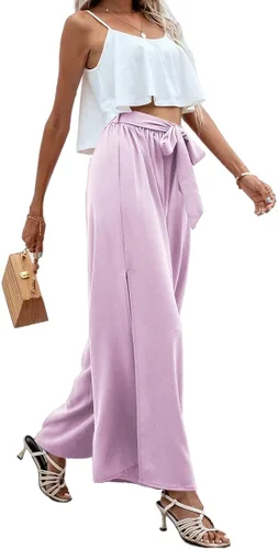 Vista 3 de Grlasen Pantalones bohemios de pierna ancha para mujer, cintura alta, con abertura lateral, pantalones palazzo, pantalones holgados, de gasa