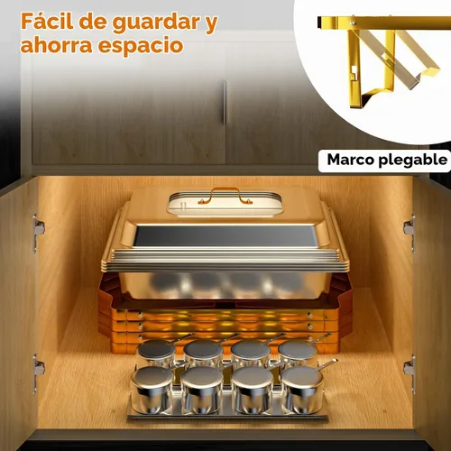 Vista 5 de ROVSUN Platos dorados para bufé, juego de bufé de 9 cuartos con tapa de vidrio, servidores y calentadores de bufé de acero inoxidable con marco