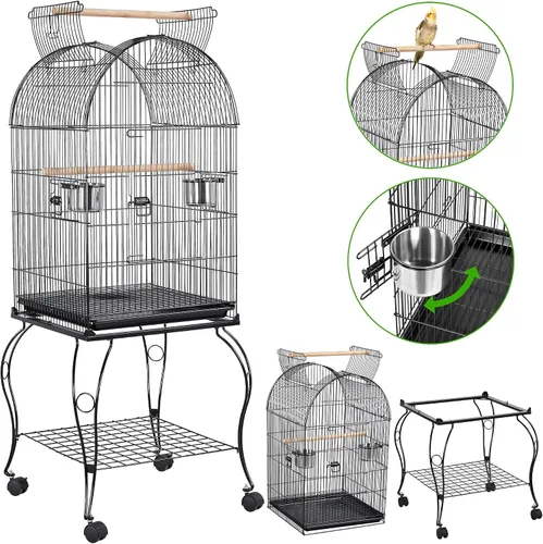 Vista 7 de Yaheetech - Jaula para pájaros de 150 cm, de pie, rodante, de cúpula media, con parte superior abierta, para loros, cacatúas, conuras del sol