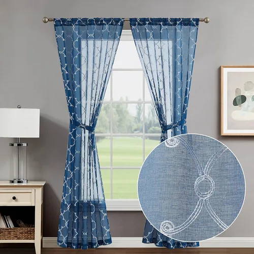 Vista 24 de Creative Home Ideas Cortinas transparentes (2 paneles, 38 x 63 pulgadas, azul), paneles de cortina geométricos bordados con alzapaños, cortinas