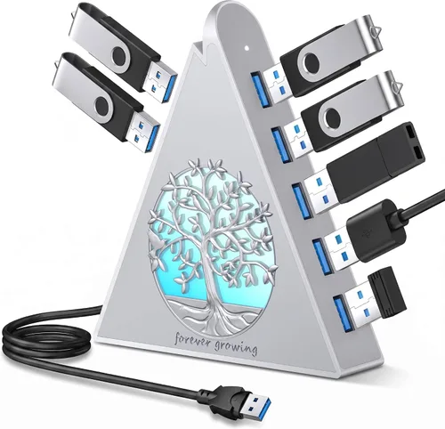 Vista 10 de Hub USB 3.0 de 7 puertos, divisor de concentrador USB vertical blanco con iluminación RGB en forma de árbol, transferencia de alta velocidad de 5