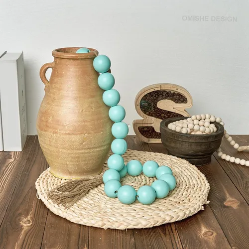 Vista 147 de OMISHE Guirnalda de cuentas de madera extra grande con cuentas de madera y borlas de 1.6 pulgadas de diámetro, cuentas decorativas rústicas de 41