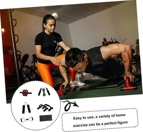 Vista 4 de Kit de rodillo de abdominales de doble rueda roja con barras de flexión, herramienta de agarre de cuerda elástica para fortalecer el núcleo