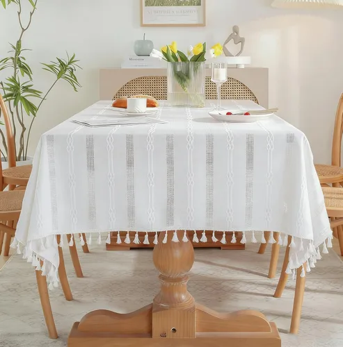 Vista 11 de Pahajim Mantel Rectangular a Rayas con Borlas Mantel Grueso de Lino y Algodón para Picnic al Aire Libre, Comedor y Decoración de Cocina para Fiestas