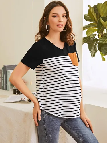 Vista 3 de Floerns Camiseta de manga corta con estampado de rayas y bloques de color para mujer