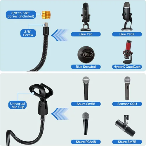 Vista 4 de Soporte de micrófono de escritorio de 13 pulgadas flexible con cuello de cisne para micrófono, soporte universal para micrófono/teléfono
