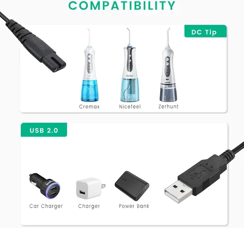 Vista 2 de Cable de carga de repuesto para hilo dental de agua de Nicefeel, Mospro, Cremax inalámbrico, Zerhunt, cable de carga, paquete de 2