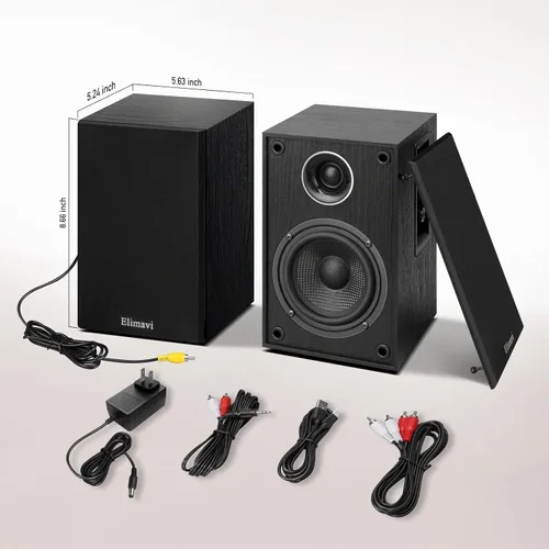 Vista 8 de Elimavi Powered Bluetooth Bookshelf Speakers, 4" Carbon Fiber Woofer, Black Negro