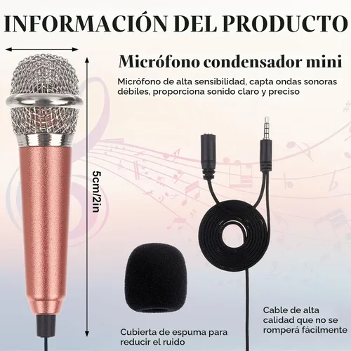 Vista 2 de Mini micrófono pequeño de 4 piezas para grabar voz y canto en iPhone, teléfonos Android o tableta, metal, con cable de 44.5 in, entrada de 0.138 in