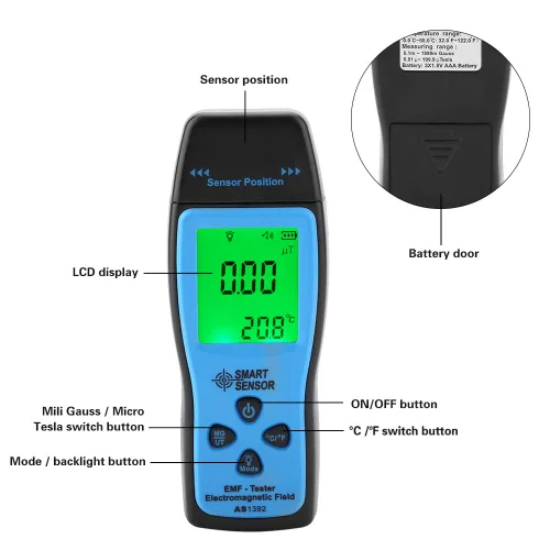 Vista 4 de Medidor EMF, Fydun AS1392 Mini pantalla LCD Detector de radiación electromagnética de mano