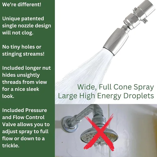 Vista 2 de High Sierra Showerheads® - Cabezal de ducha de bajo flujo de metal sólido de 1.25 GPM con válvula de goteo e inserto de nailon protector - Oculta