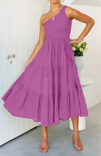 Vista 2 de ZCSIA - Vestido de verano bohemio para mujer, con un hombro descubierto, sin mangas, unicolor, largo debajo de la rodilla y con holanes escalonados