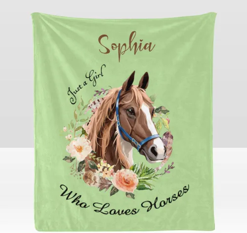 Vista 9 de Manta personalizada con texto en inglés «Just a Girl Loves Hors», manta de forro polar suave con nombre para regalos, sofá cama (50 x 60 pulgadas)