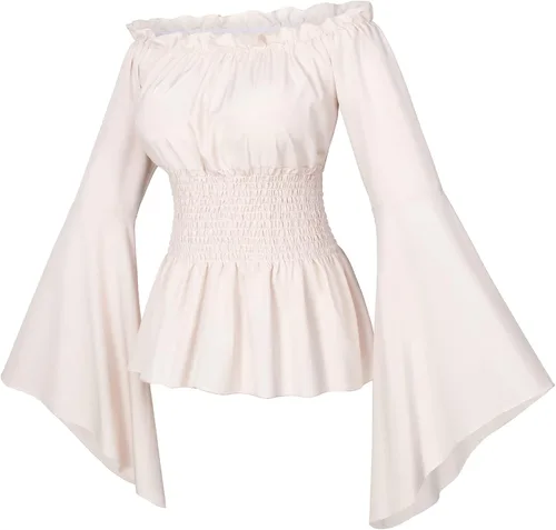 Vista 6 de Conjunto de blusa estilo renacentista victoriana campesina con volantes y cintura fruncida estilo bohemio pirata con cinturón