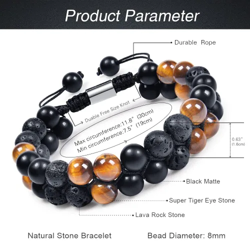 Vista 14 de DHQH Triple Protection Bracelet 8/10MM Hematite Black Agate Tigers Eye Stone Bracelet Crystal Jewelry Healing Bead Bracelets for Men Bring Luck