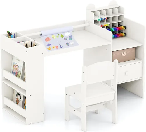 Vista 13 de Costzon Mesa y sillas de arte para niños, juego de escritorio de actividades de madera con rollo de papel, 4 tazas de pintura, estantes de Gris