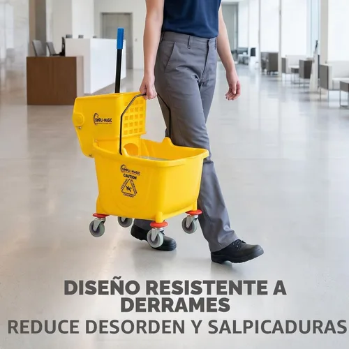Vista 6 de SIMPLI-Magic Combo de cubo de fregona comercial sobre ruedas, paquete de 2, 35 cuartos de galón, amarillo, incluye letrero de precaución para suelo