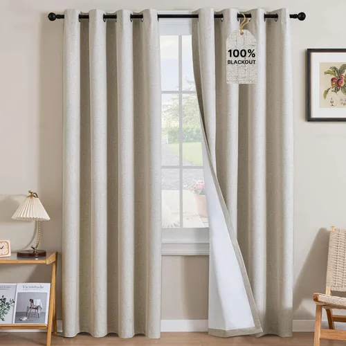 Vista 19 de H.VERSAILTEX Cortinas 100% opacas con aislamiento térmico, texturizadas, de lino, con bloqueo completo de calor y luz, para sala de estar y Negro