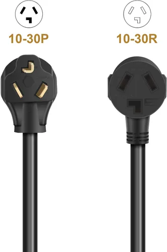 Vista 6 de Cable de extensión para secadora de 3 clavijas de 10 pies, 30 amperios, NEMA 10-30P a 10-30R 10 AWG, color negro Cable de extensión EV
