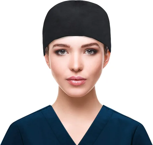 Vista 2 de QBA - Gorro de trabajo ajustable con botón, banda de algodón absorbente de sudor, con tiras elásticas para amarrar por atrás, unisex, talla única