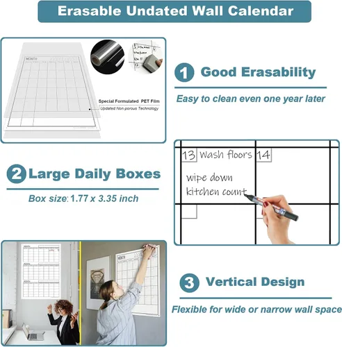 Vista 4 de Calendario grande de borrado en seco de 3 meses para pared, 36 x 24 pulgadas, calendario de pizarra blanca de tres meses sin fecha para oficina