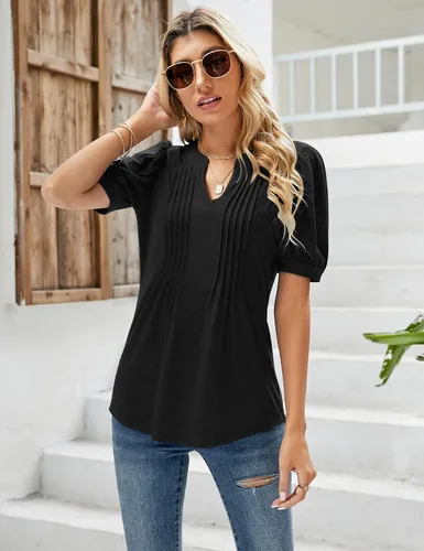 Vista 3 de Micoson Camisetas plisadas de manga corta con cuello en V para mujer, blusa casual de verano