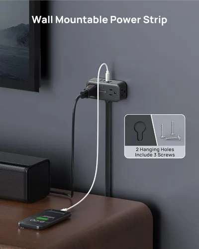 Vista 7 de TROND 360° Rotating Flat Plug Power Strip, 1.5FT Extension Cord with 4 USB Ports, 4 Wide Spaced AC Outlets, Wall Mount, 900J Surge Protector for