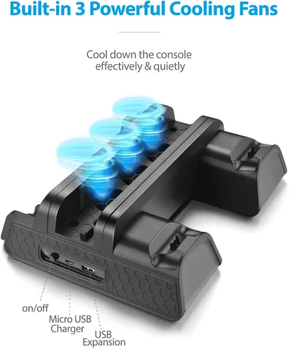Vista 2 de URWOOW Vertical Stand for PS4PS4 SlimPS4 Pro - Cooling Fan with PS4 Charger Controller Charging Station with Game Storage Black