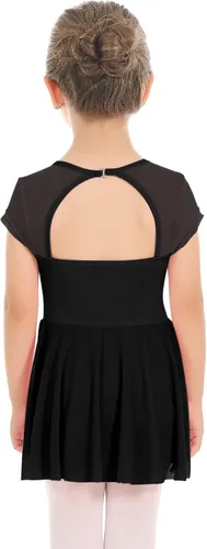 Vista 6 de Phineein Leotardos de ballet de manga corta para niñas, leotardos de baile con espalda hueca con falda Negro