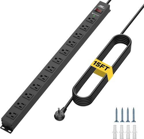 Vista 8 de CRST Regleta de alimentación larga de metal de 12 salidas, Protector contra sobretensiones resistente montable, 2100J, espaciado amplio, cable de 6