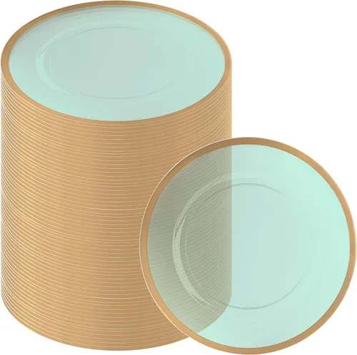 Vista 65 de PARTY BARGAINS Placas de carga de 13 pulgadas, paquete de 4, borde dorado transparente, cargadores desechables resistentes para comedor elegante Un