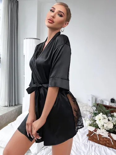 Vista 4 de Verdusa Camisón de dormir de malla transparente con cinturón y manga 34 para mujer