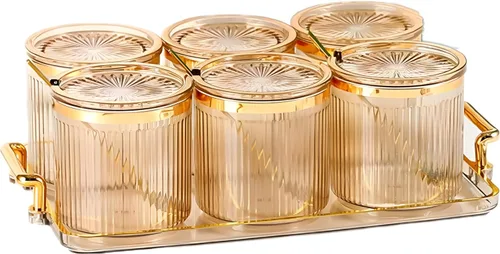 Vista 18 de Frascos Acrílicos para Condimentos y Especias, Caja de Condimentos y Especias con Tapas y Cucharas y Bandeja, Recipientes de Plástico Transparente