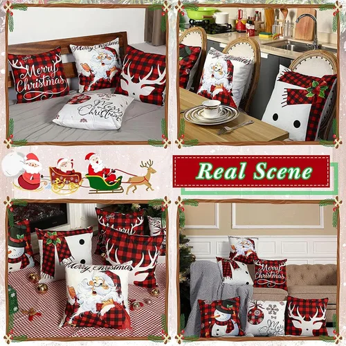 Vista 5 de Tatuo 6 fundas de almohada navideñas de 18 x 18 pulgadas, fundas de almohada a cuadros de búfalo, fundas de almohada navideñas, fundas de almohada