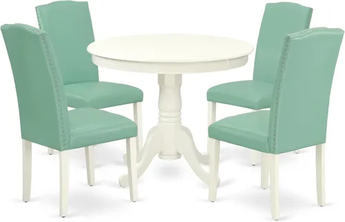 Vista 13 de East West Furniture ANEN3-LWH-06 - Juego de mesa de cocina de 3 piezas contiene una mesa de comedor redonda con pedestal y 2 sillas de comedor