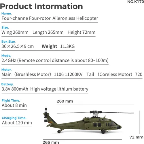 Vista 8 de Helicóptero RC para adultos, K170 UH-60L 170 Tamaño 2.4G 4CH 6-Axis Gyro Flybarless Helicóptero RC con altitud flotante, acelerador de mano