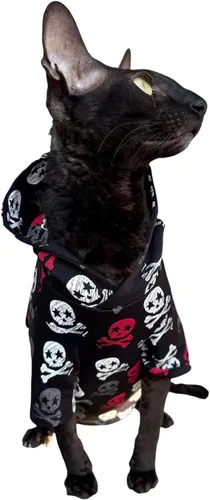 Vista 5 de Sudadera con capucha de gato calaveras en negro 100% algodón para Sphynx y gatos desnudos (grande)