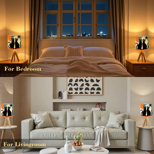 Vista 8 de Tripod Table Lamp Mid Century Modern Black Cat Retro Atomic Halloween Bedside Lamps Small Lamp Nightstand Lamp with Linen Lampshade Table Lamps for