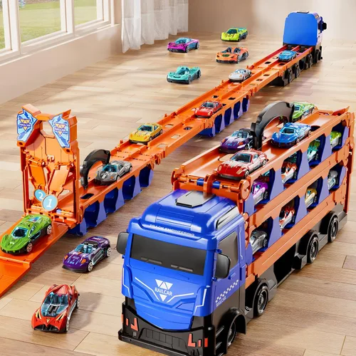 Vista 3 de Camión de carreras de juguete para niños, pista de carreras de 78 pulgadas y 12 autos de juguete de metal fundido a presión, juguetes de camión